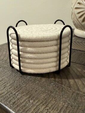 White Round Cotton Rope Coasters w/Metal Rack Soft Absorbent Drink Mats Set of 8